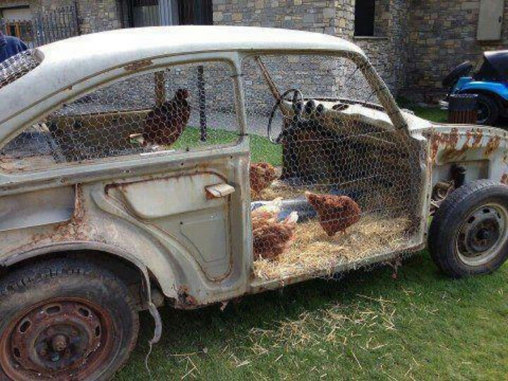 An upcycled chicken coop made from an old automobile. 